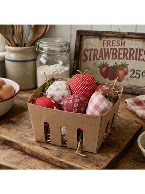 Fabric Strawberry Set Rustic Bowl Filler Cottage Kitchen Gingham Strawberries